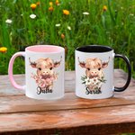 Personalized Birth Flower Highland Cow 11oz Ceramic Mug with Name Birthday Gift for Highland Cow Lovers