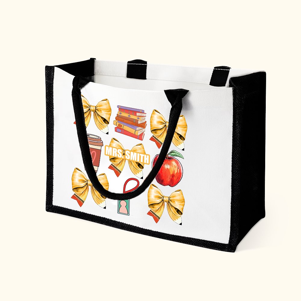 Coquette Bow Book Coffee Apple Large Canvas Tote Bag with Name Back to School Appreciation Gift for Teacher