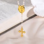 Personalised Jesus Cross Pendant Photo Locket Rosary Necklace with Pearls Chain Lip Chain Religious Memorial Gift for Catholic