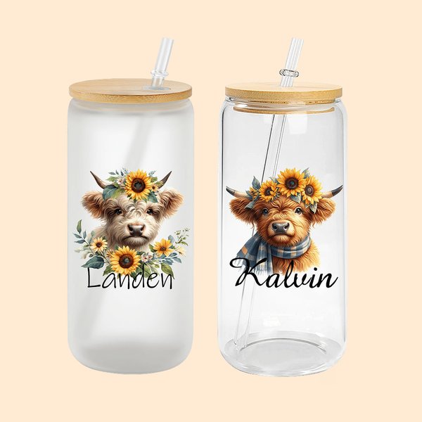 Personalized Baby Highland Cow Sunflower 20oz Glass Can Name with Straw and Bamboo Lid Birthday Christmas Gift for Cow Lovers
