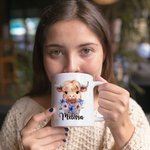 Personalized Birth Flower Highland Cow 11oz Ceramic Mug with Name Birthday Gift for Highland Cow Lovers