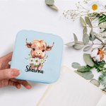 Personalised Birth Flower Highland Cow Portable Leather Jewellery Box with Name Birthday Gift for Women Highland Cow Lovers