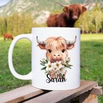 Personalized Birth Flower Highland Cow 11oz Ceramic Mug with Name Birthday Gift for Highland Cow Lovers