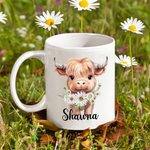 Personalized Birth Flower Highland Cow 11oz Ceramic Mug with Name Birthday Gift for Highland Cow Lovers