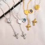 Personalised Jesus Cross Pendant Photo Locket Rosary Necklace with Pearls Chain Lip Chain Religious Memorial Gift for Catholic