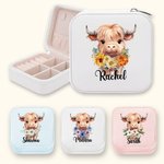 Personalised Birth Flower Highland Cow Portable Leather Jewellery Box with Name Birthday Gift for Women Highland Cow Lovers