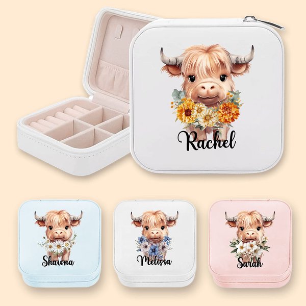 Personalised Birth Flower Highland Cow Portable Leather Jewellery Box with Name Birthday Gift for Women Highland Cow Lovers