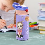 Personalisierte Niedliche Cartoon-Figur Name Trinkflasche 350ml mit Strohhalm und Pop-up Deckel Kindertag Zurück zur Schule Geschenk für Kinder