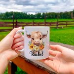 Personalized Birth Flower Highland Cow 11oz Ceramic Mug with Name Birthday Gift for Highland Cow Lovers