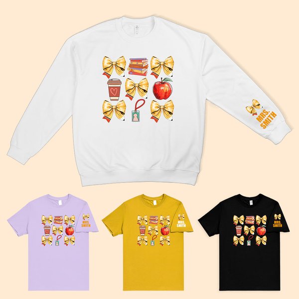 Personalizado Coquette Lazo Libro Café Manzana Identificación de Trabajo Camiseta Sudadera con Nombre Multicolor Disponible Regreso a la Escuela Aprec