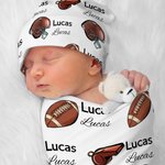 Personalised Football Helmet Design Unisex Baby Receiving Blanket Swaddle Hat Bow Headband Coming Home Outfit with Name Baby Shower Gift for Newborns