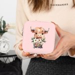 Personalised Birth Flower Highland Cow Portable Leather Jewellery Box with Name Birthday Gift for Women Highland Cow Lovers