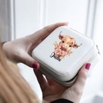 Personalised Birth Flower Highland Cow Portable Leather Jewellery Box with Name Birthday Gift for Women Highland Cow Lovers