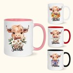 Personalized Birth Flower Highland Cow 11oz Ceramic Mug with Name Birthday Gift for Highland Cow Lovers