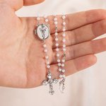 Personalised Jesus Cross Pendant Photo Locket Rosary Necklace with Pearls Chain Lip Chain Religious Memorial Gift for Catholic