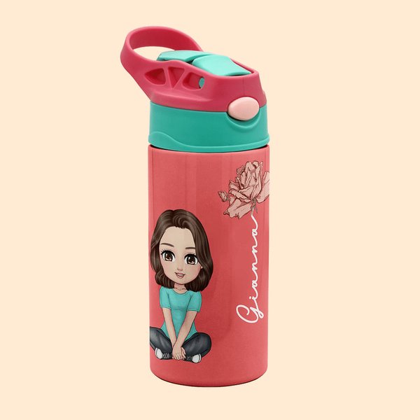Personalisierte Niedliche Cartoon-Figur Name Trinkflasche 350ml mit Strohhalm und Pop-up Deckel Kindertag Zurück zur Schule Geschenk für Kinder