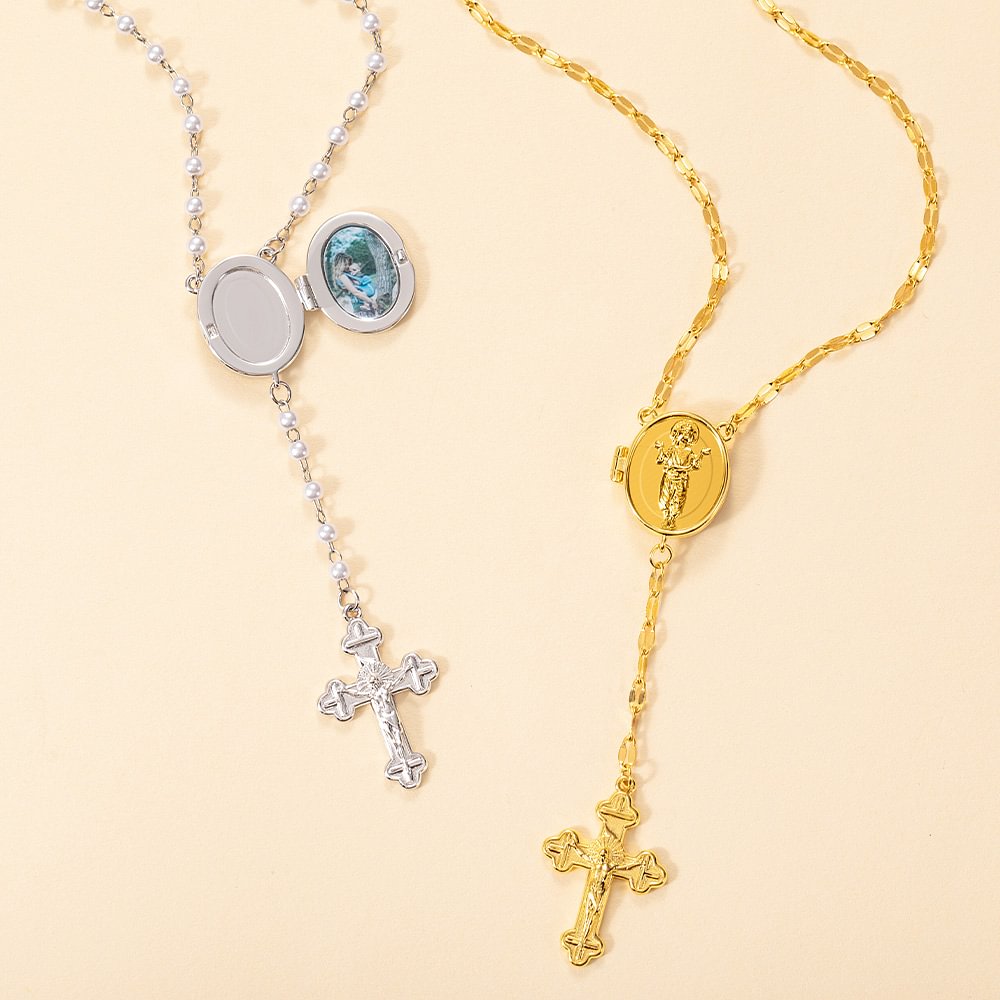 Pendentif Croix Jésus Personnalisé Collier Chapelet avec Chaîne de Perles Chaîne de Lèvres Cadeau Religieux pour Catholique
