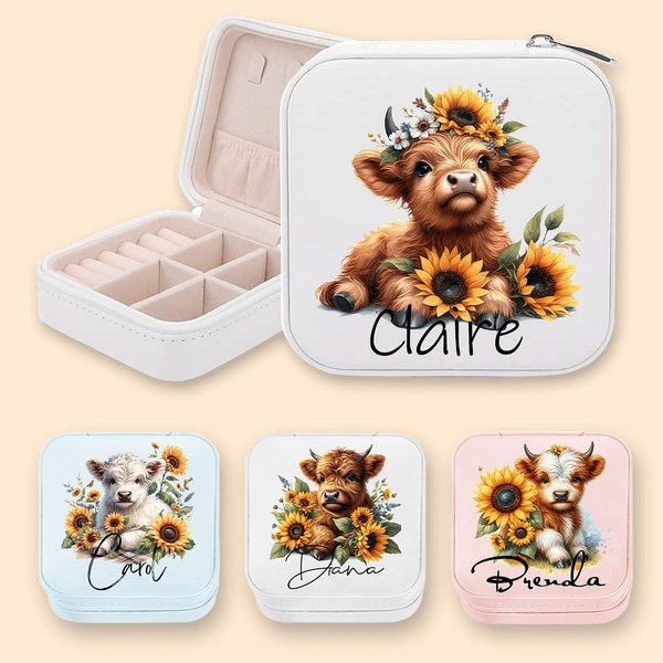 Personalized Multicolor Highland Cow Sunflower Jewelry Box with Name Birthday Gift for Women