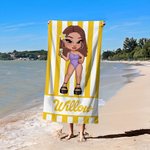 Personalized Y2K Cartoon Girl Quick Dry Striped Beach Towel with Name Travel Essential Summer Vacation Birthday  Gift for Women