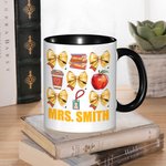 Personalized Yellow Coquette Bow Book Coffee Apple Work ID Design 11oz Ceramic Mug with Name Back to School Appreciation Gift for Teacher