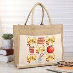 Personalized Coquette Bow Book Coffee Apple Large Jute Tote Bag with Name and Canvas Pocket Back to School Appreciation Gift for Teacher