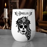 Personalized Sugar Skull Wine Tumbler with Name Mexican Day of the Dead Gothic Wedding Gift for Women Men
