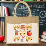 Personalized Coquette Bow Book Coffee Apple Large Jute Tote Bag with Name and Canvas Pocket Back to School Appreciation Gift for Teacher