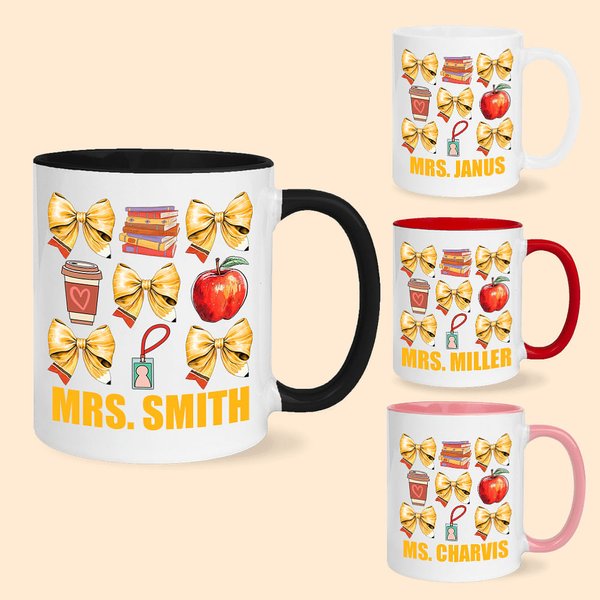 Personalized Yellow Coquette Bow Book Coffee Apple Work ID Design 11oz Ceramic Mug with Name Back to School Appreciation Gift for Teacher