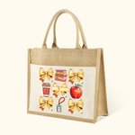 Personalized Coquette Bow Book Coffee Apple Large Jute Tote Bag with Name and Canvas Pocket Back to School Appreciation Gift for Teacher