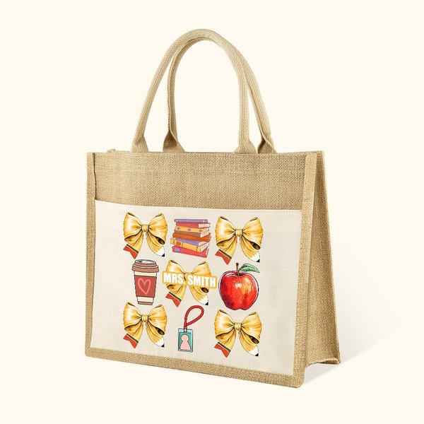 Personalized Coquette Bow Book Coffee Apple Large Jute Tote Bag with Name and Canvas Pocket Back to School Appreciation Gift for Teacher