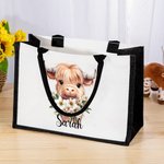 Personalized Birth Flower Highland Cow Large Canvas Tote Bag with Name Birthday Anniversary Gift for Highland Cow Lover