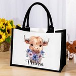 Personalized Birth Flower Highland Cow Large Canvas Tote Bag with Name Birthday Anniversary Gift for Highland Cow Lover
