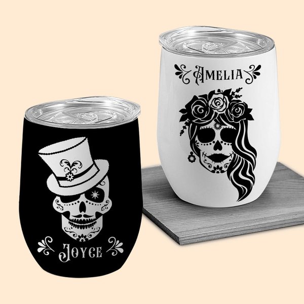 Personalized Sugar Skull Wine Tumbler with Name Mexican Day of the Dead Gothic Wedding Gift for Women Men
