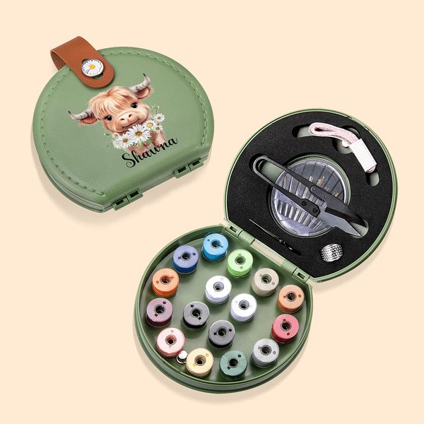 Personalized Birth Flower Highland Cow Daisy Portable Sewing Kit Set Storage Box with Name Handle Birthday Gift for Highland Cow Lover