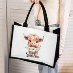 Personalized Birth Flower Highland Cow Large Canvas Tote Bag with Name Birthday Anniversary Gift for Highland Cow Lover