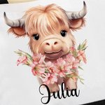 Personalized Birth Flower Highland Cow Large Canvas Tote Bag with Name Birthday Anniversary Gift for Highland Cow Lover