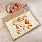 Personalized Coquette Bow Book Coffee Apple Large Jute Tote Bag with Name and Canvas Pocket Back to School Appreciation Gift for Teacher