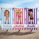 Personalized Y2K Cartoon Girl Quick Dry Striped Beach Towel with Name Travel Essential Summer Vacation Birthday  Gift for Women
