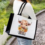 Personalized Birth Flower Highland Cow Large Canvas Tote Bag with Name Birthday Anniversary Gift for Highland Cow Lover