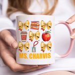 Personalized Yellow Coquette Bow Book Coffee Apple Work ID Design 11oz Ceramic Mug with Name Back to School Appreciation Gift for Teacher