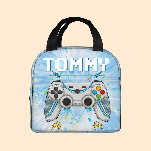 Personalized Tie-dye Effect Gamepad Design Oxford Insulated Lunch Bag with Name School Work Picnic Outdoor Activities Gift for Kids Game Lovers