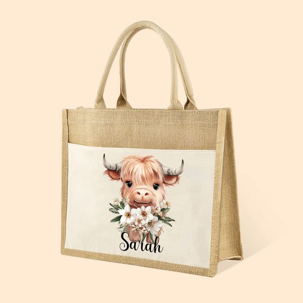 Personalisierte Geburt Blume Hochland Kuh große Jute Tragetasche mit Namen und Canvas Tasche Geburtstag Geschenk für Frauen Hochland Kuh Liebhaber