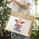Personalisierte Geburt Blume Hochland Kuh große Jute Tragetasche mit Namen und Canvas Tasche Geburtstag Geschenk für Frauen Hochland Kuh Liebhaber