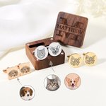 Personalized Engraved Dog Cat Portrait Cufflinks with Monogram Magnetic Wooden Box Wedding Groom Memorial Gift for Men Pet Lovers