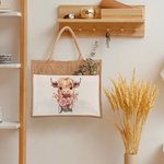 Personalisierte Geburt Blume Hochland Kuh große Jute Tragetasche mit Namen und Canvas Tasche Geburtstag Geschenk für Frauen Hochland Kuh Liebhaber