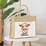 Personalisierte Geburt Blume Hochland Kuh große Jute Tragetasche mit Namen und Canvas Tasche Geburtstag Geschenk für Frauen Hochland Kuh Liebhaber