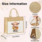Personalisierte Geburt Blume Hochland Kuh große Jute Tragetasche mit Namen und Canvas Tasche Geburtstag Geschenk für Frauen Hochland Kuh Liebhaber