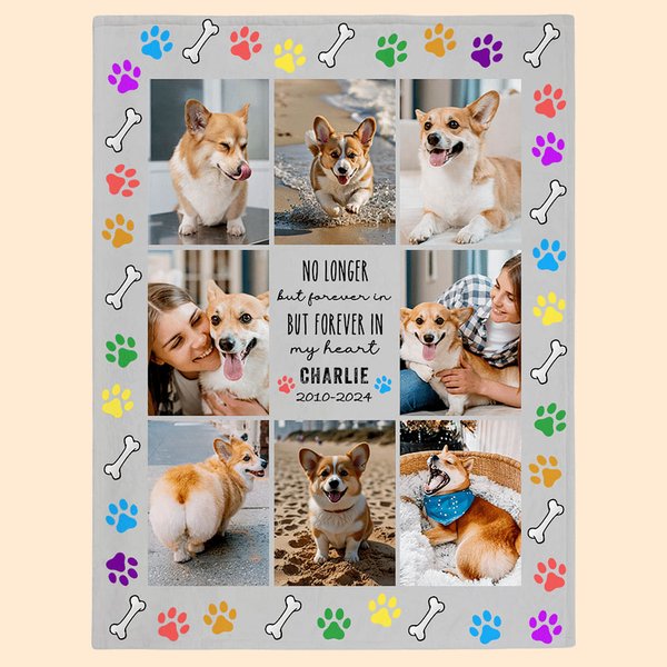 Personalised Forever In My Heart Rainbow Paw Print 8 Photo Colleges Blanket with Name Year Memorial Sympathy Pet Loss Gift for Pet Lovers