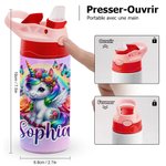 Gourde Isotherme 350ml Personnalisée avec Nom et Motif Licorne Fantastique Bouteille avec Paille en Silicone Cadeau Anniversaire pour Enfant