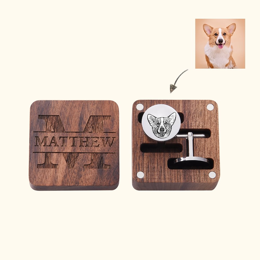 Boutons de Manchette Personnalisés avec Portrait de Chien ou Chat et Monogramme Boîte Magnétique en Bois Cadeau Souvenir pour Amoureux des Animaux